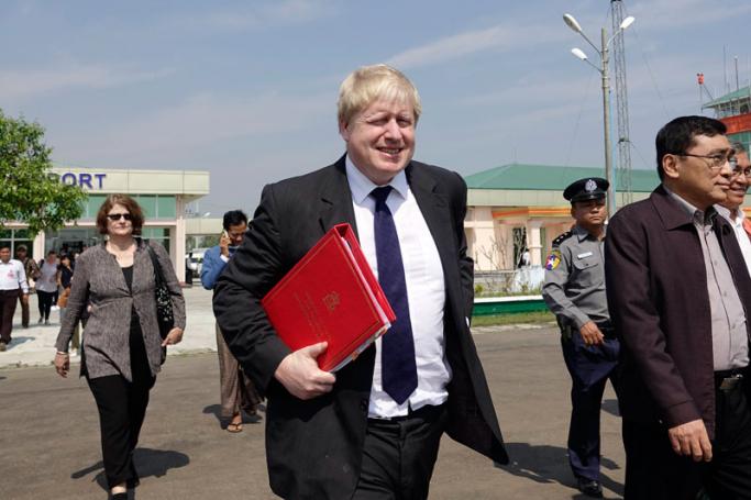 Britsh Secretary of State for Foreign and Commonwealth Affairs Boris Johnson (C) leaves Sittwe Airport to go Maungdaw township of Bangladesh-Myanmar border region, Sittwe of Rakhine State, western Myanmar, 11 February 2018. Photo: Nyunt Win/EPA-EFE
