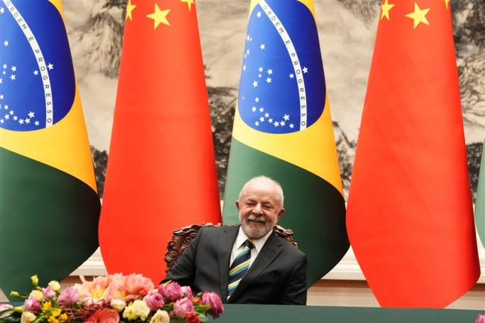 Brazilian President Luiz Inacio Lula da Silva is seen during a signing ceremony with Chinese President Xi Jinping (not pictured) held at the Great Hall of the People in Beijing, China, 14 April 2023. Photo: EPA