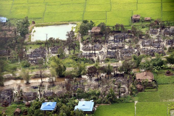An aerial view showing the burnt-out village near Maungdaw township in Rakhine State, western Myanmar, 27 September 2017. Photo: Nyein Chan Naing/EPA
