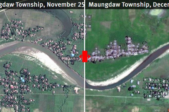 Satellite imagery of four villages in Maungdaw township, northern Rakhine State, on November 25 and December 2, 2017.  Before: © 2017 Digital Globe After: © 2017 Digital Globe
