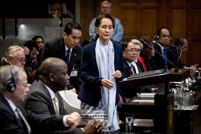 (File) Abubacarr Tambadou (2-L front, seated), minister of justice of The Gambia, and Aung San Suu Kyi (C), Myanmar State Counselor, on the second day before the International Court of Justice (ICJ) in the Peace Palace, The Hague, The Netherlands, 11 December 2019. Photo: EPA