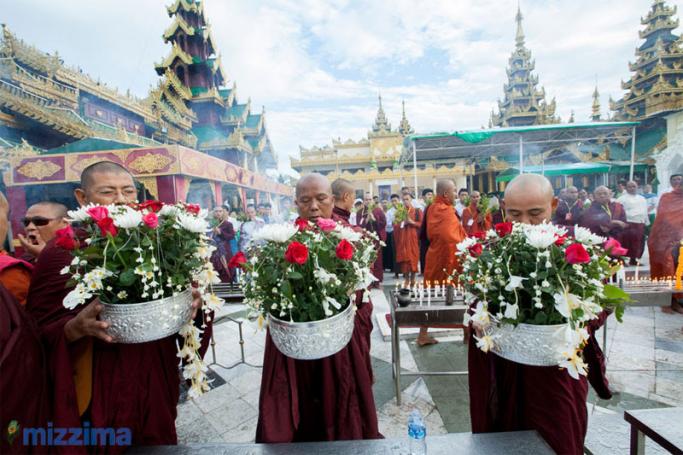 Buddhist nationalist groups set off on September 14 to begin two weeks of celebrations of the four controversial race and religion bills recently signed into law. The rally of monks and lay people, including representatives of the Ma Ba Tha, began their prayers and celebrations at the Shwedagon Pagoda in Yangon. Photo: Hong Sar/Mizzima
