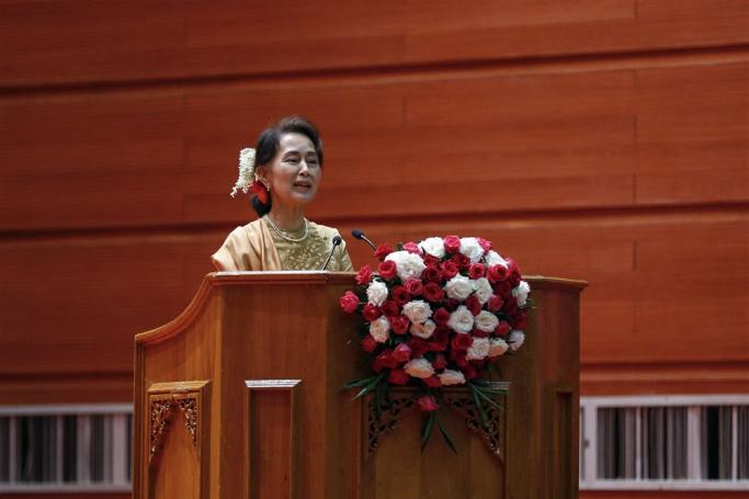 (File) Myanmar State Counselor Aung San Suu Kyi speaks during the 'All Who Can Read Should Read' campaign ceremony in Naypyitaw, Myanmar, 20 December 2018. Photo: EPA