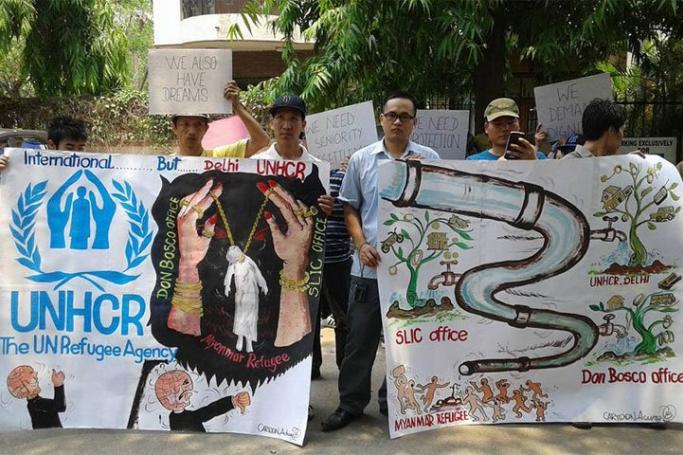 More than 100 Chin refugees protested in front of the UNHCR Office in Delhi, India on 20 June 2015, demanding legal protection and services in the Indian city. Photo: Chinland Natural Resources Watchgroup/Facebook
