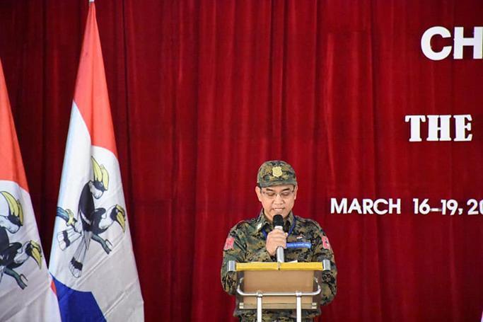 Chin National Front (CNF) chairman Pu Zin Cung delivering address at CNF Congress held at GHQ. Photo: GHQ Chinland/Facebook