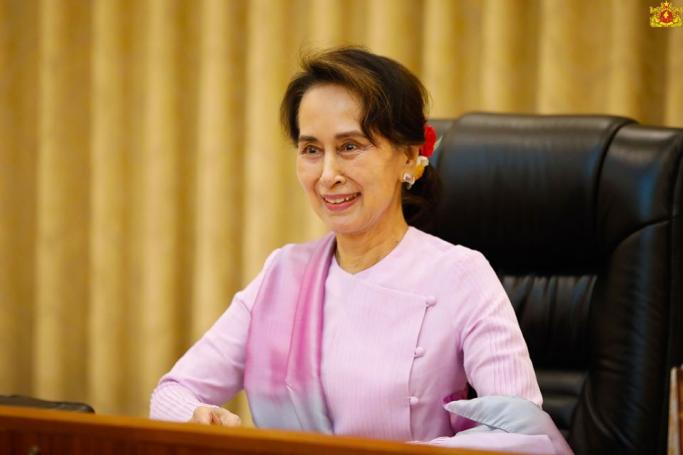 State Counsellor Aung San Suu Kyi held a videoconference yesterday with senior health officials stressing the need for continued vigilance among the public regarding COVID-19. Photo: Myanmar State Counsellor Office/Facebook