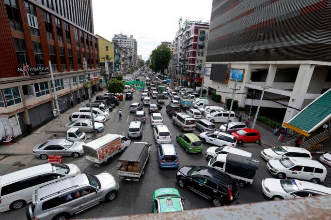 View of a traffic jam on a busy road in downtown Yangon, Myanmar, 18 May 2020. Photo: Nyein Chan Naing/EPA