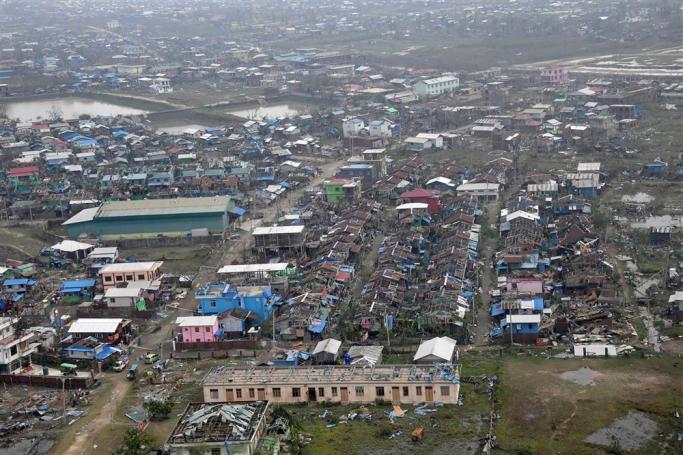 A handout photos made available by the Myanmar Military Information team shows an aerial view of damage buildings after cyclone Mocha made landfall in Sittwe, Rakhine State, Myanmar, 15 May 2023. Photo: EPA/Myanmar Military Information team