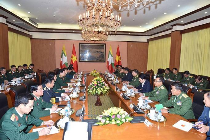 The Senior General and the Vietnamese minister held talks at International Talk Room of the ministry in Hanoi, Vietnam on 5 March. Photo: Senior General Min Aung Hlaing/Facebook
