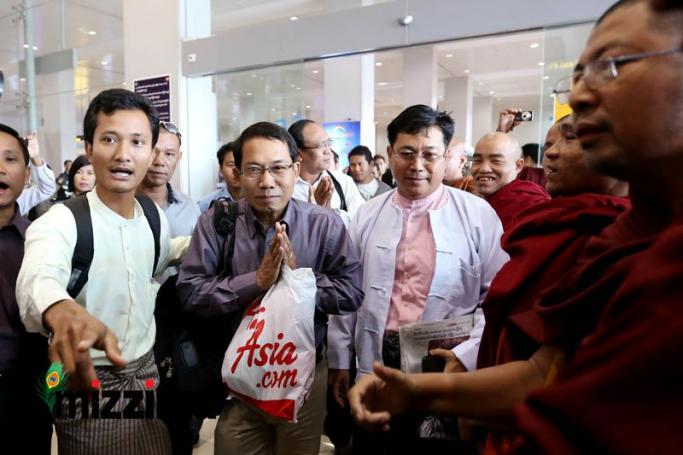 Dr Aye Maung, chairman of the Rakhine National Party, arrives back at Yangon International Airport after a week-long visit to Malaysia, on February 7, 2014. Photo: Hein Htet/Mizzima
