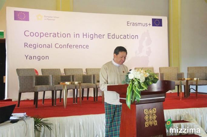 Prof. Dr. Myo Thein Gyi speaks at the 2017 Regional Conference on Cooperation in Higher Education in Yangon, hosted by the European Union on 30 November 2017. Photo: Soe Thura/Mizzima
