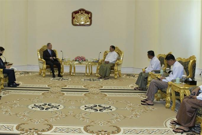 A handout photo made available by the Myanmar Military Information team shows Myanmar military chief Senior General Min Aung Hlaing (C-R) and former UN chief and deputy chair of The Elders, South Korean Ban Ki-Moon (C-L) during a meeting in Naypyitaw, Myanmar, 24 April 2023. Photo: EPA