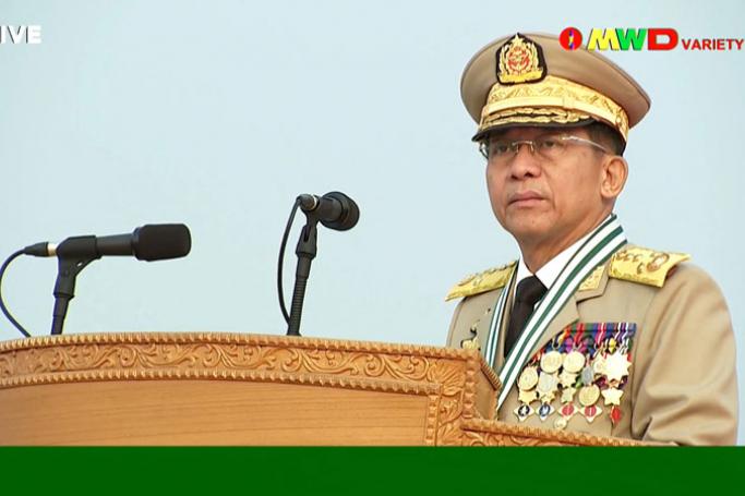 This screengrab provided via AFPTV and taken from a broadcast by Myawaddy TV in Myanmar on March 27, 2021 shows Myanmar armed forces chief Senior General Min Aung Hlaing attending an annual parade put on by the military to mark Armed Forces Day in the capital Naypyidaw. Photo: AFP