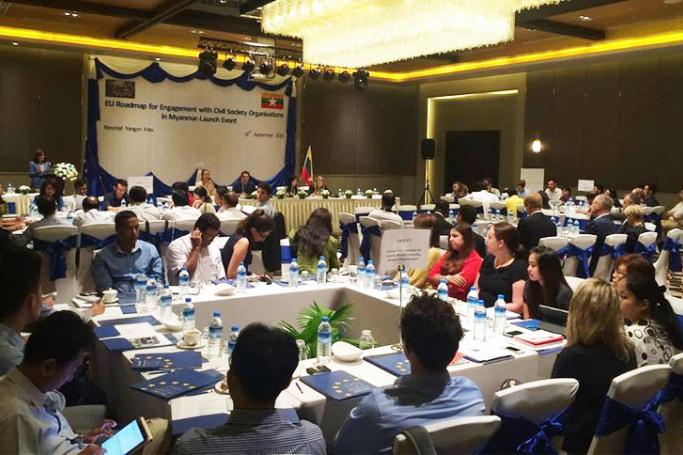EU Delegation, EU Member States and more than 60 representatives from Myanmar civil society meet in Yangon on 16 September, 2015 to launch the EU Roadmap for civil society organisation (CSO) engagement. Photo: European Union Delegation to Myanmar
