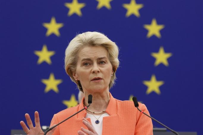 European Commission President Ursula von der Leyen speaks during a session on 'The need for a coherent strategy for EU-China Relations' at the European Parliament in Strasbourg, France, 18 April 2023. Photo: EPA