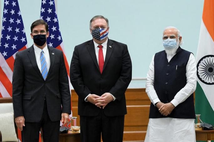 A handout photo made available by the Indian Press Information Bureau (PIB) shows US Secretary of State Mike Pompeo (C) and US Defence Secretary Mark T. Esper (L) during a meeting with the Indian Prime Minister Narendra Modi, in New Delhi, India, 27 October 2020. Photo: EPA