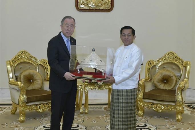 A handout photo made available by the Myanmar Military Information team shows Myanmar military chief Senior General Min Aung Hlaing (R) presenting a gift to former UN chief and deputy chair of The Elders, South Korean Ban Ki-Moon (L) during a meeting in Naypyitaw, Myanmar, 24 April 2023. Photo: EPA