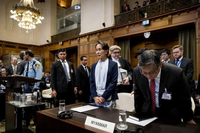 (File) Myanmar State Counselor Aung San Suu Kyi (C) arrives for the second day of hearing on the Rohingya genocide case before the International Court of Justice (ICJ) in the Peace Palace, The Hague, The Netherlands, 11 December 2019. Photo: EPA