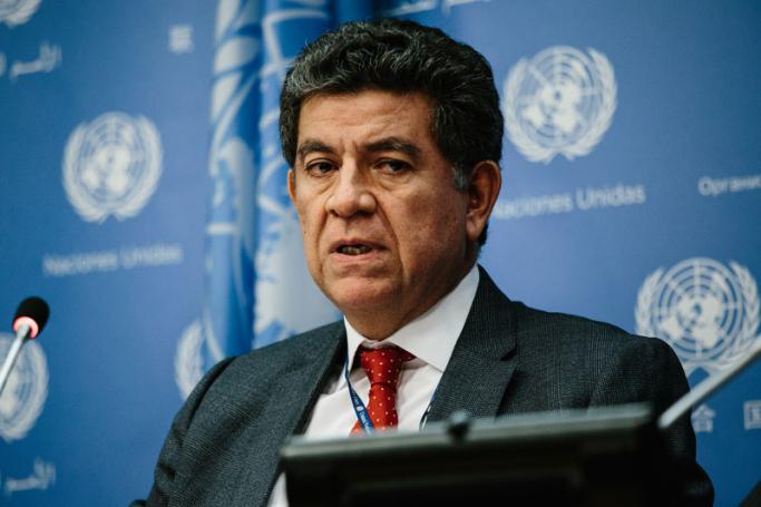 Ambassador Gustavo Meza-Cuadra, Permanent Representative of Peru to the United Nations and President of the Security Council for the month of April during a press conference at the United Nations Headquarters in New York, New York, USA, 02 April 2018. Photo: Alba Vigaray/EPA-EFE
