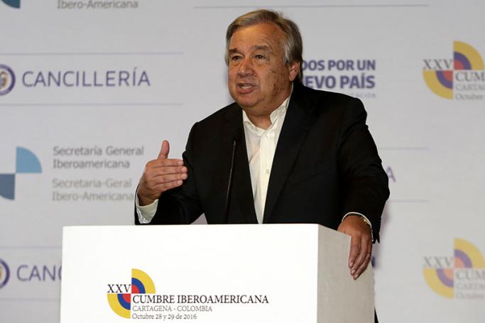 Former Portuguese Prime Minister and UN Secretary General designate, Antonio Guterres, talks to the press at the 25th Iberoamerican Summit, in Cartagena, Colombia, 29 October 2016. Photo: EPA
