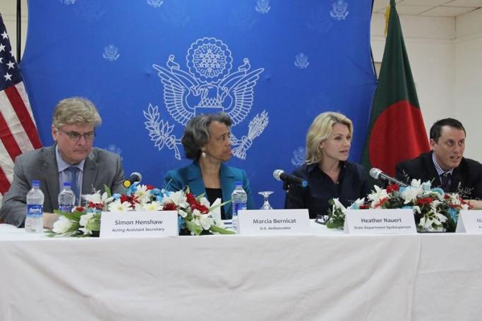 Department of State Spokesperson Heather Nauert, second from left, speaks at a press conference in Dhaka, Bangladesh after visiting a Rohingya refugee camp in Cox's Bazar. Photo: U.S. Department of State
