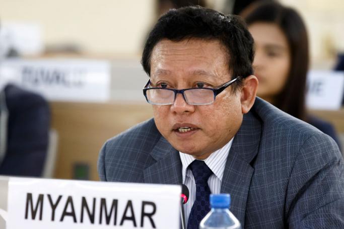 (File) Htin Lynn, ambassador of the Permanent Representative Mission of Myanmar to Geneva, addresses his statement on the situation of human rights in Myanmar, during the 34th session of the Human Rights Council, at the European headquarters of the United Nations in Geneva, Switzerland, Monday, March 13, 2017. Photo: Salvatore Di Nolfi/EPA
