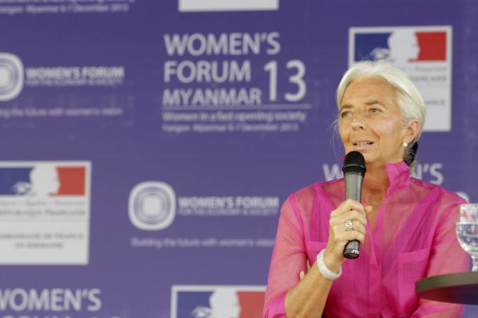 (File) IMF Managing Director Christine Lagarde talks at the Women's Forum Myanmar at the Chatrium Hotel in Yangon, Myanmar, 07 December 2013. Photo: Nyein Chan Naing/EPA
