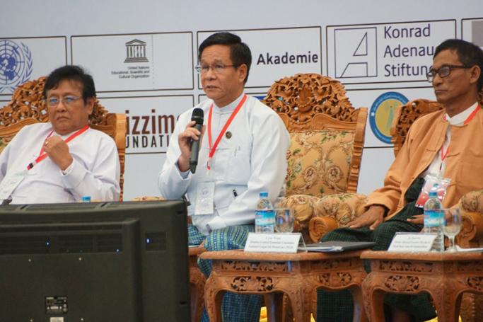 Deputy Commerce Minister U Aung Htoo speaking at the forum. Photo courtesy of MOI
