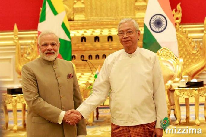 Indian PM Narendra Modi, left, meets Myanmar President Htin Kyaw in Nay Pyi Taw on 5 September 2017. Photo: Min Min for Mizzima
