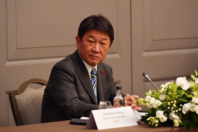 Japan's Foreign Minister Toshimitsu Motegi takes part in a trilateral meeting with USA and South Korea on the sidelines of the G7 foreign ministers meeting in London on May 5, 2021. Photo: AFP