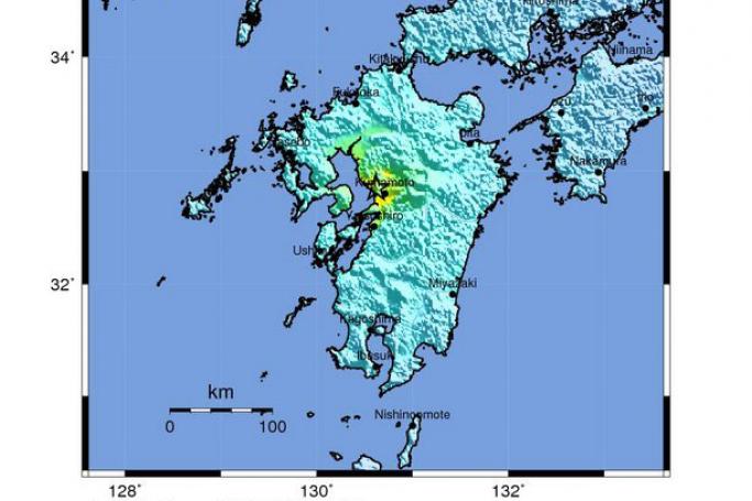 A handout shakemap provided by the US Geological Survey (USGS) on 14 April 2016 of a 6.0 magnitude earthquake (indicated by a star, C) detected in Kumamoto prefecture, southern Japan, 14 April 2016. According to initial reports by USGS, Japan was hit by a 6.0 magnitude earthquake. EPA/US GEOLOGICAL SURVEY
