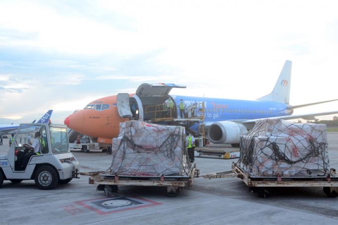 Indelible ink bottles provided by the People of Japan arrive at the Yangon International Airport on 29 October 2020. Photo: MNA