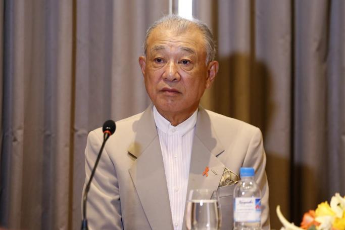 (File) Nippon Foundation Chairman Yohei SasaKawa talks to media during a joint news conference with the chairmen of the New Mon State Party (NMSP) and the Lahu Democratic Union (LDU), in Naypyitaw, Myanmar, 12 February 2018. Photo: EPA