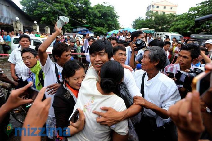 Journalist Min Wa Than leaves Insein Prison in Yangon on 30 July 2015. Photo: Thet Ko/Mizzima
