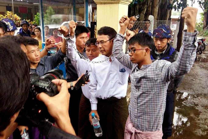 Three journalists who were arrested in conflict-ridden northern Shan State last month seen at a court on 21 June, 2017. Photo: Ko Myint Thein (Thibaw)
