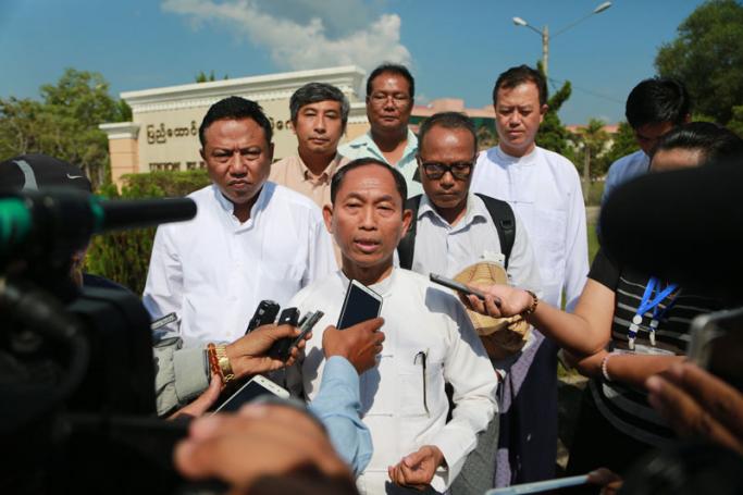 (File) Four Eights Party (8888 party) leader Ko Ko Gyi (C) talks to the media after starting the party's registration process at the Union Election Commission (UEC) Office in Naypyitaw, Myanmar, 19 December 2017. Photo: Hein Htet/EPA
