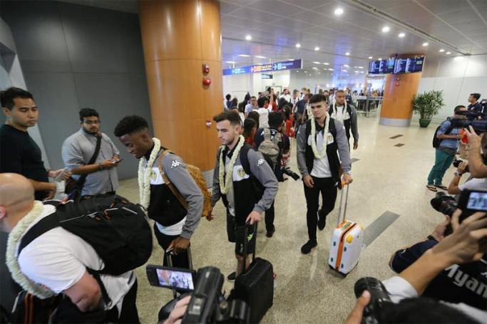Member of Leeds United FC arrive in Yangon international airport on May 8, 2018. Photo: Thet Ko/Mizzima

