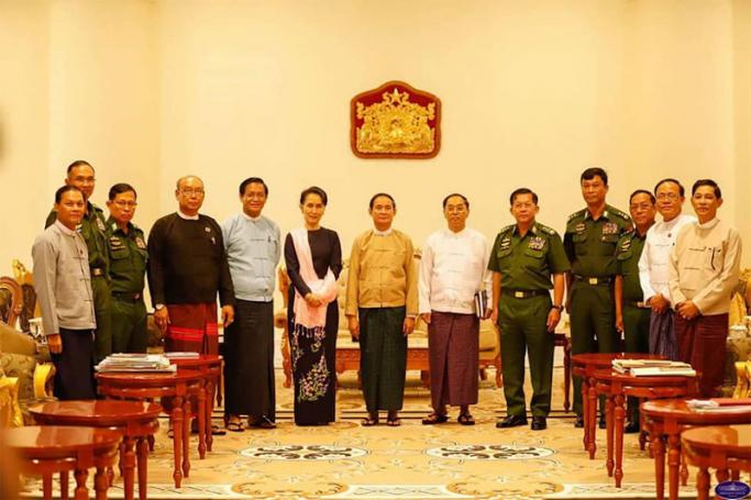 A meeting to discuss the Rakhine issue, national security and international relations was held at the Presidential Palace in Nay Pyi Taw yesterday morning. Photo: Myanmar President Office
