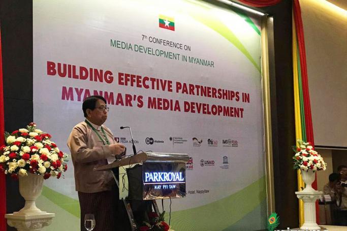 Myanmar's Minister of Information Minister Pe Myint speaks during the Myanmar's 7th conference on Media Development in Nay Pyi Taw on 05 December 2018. Photo: Min Min/Mizzima