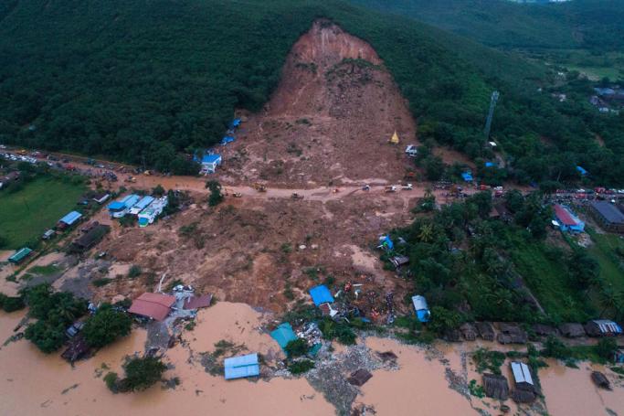 This aerial view shows a landslide in Thalphyugone village in Paung township, Mon state on August 9, 2019. Photo: Sai Aung Main/AFP
