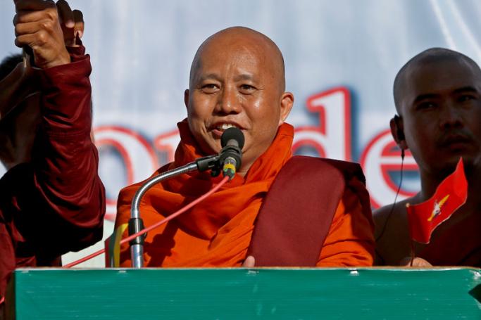 Myanmar controversial nationalist Buddhist monk Wirathu delivers a speech during a rally to show the support to the Myanmar military, in Yangon, Myanmar, 14 October 2018. Photo: Lynn Bo Bo/EPA