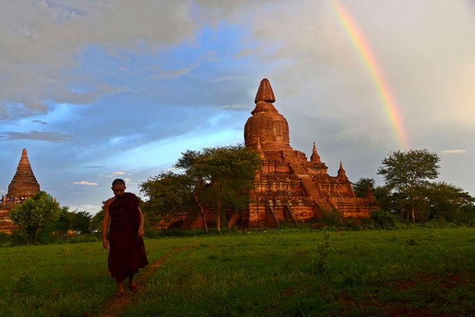 A monk walks through a field near a damaged temple (R) in Bagan, southwest of Mandalay, Myanmar, 24 August 2016. Photo: EPA
