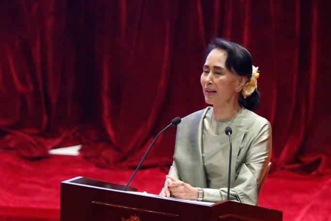 Myanmar's State Counsellor Aung San Suu Kyi speaks during the Myanmar Entrepreneurship Summit 2017 at the Myanmar International Convention Center (MICC-2) in Naypyitaw, Myanmar, 09 December 2017. Photo: Hein Htet/EPA-EFE
