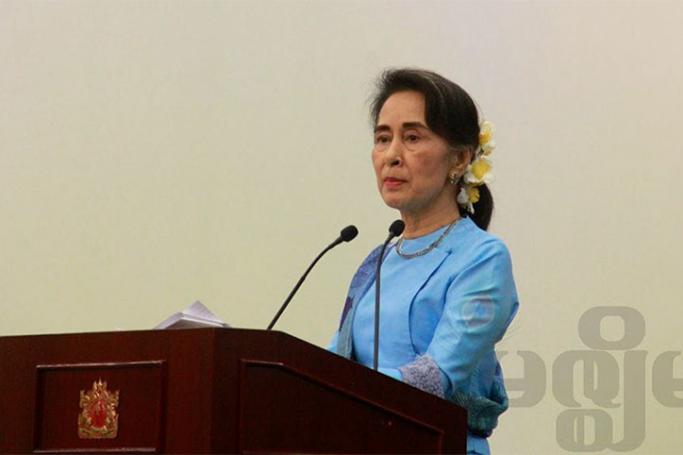 Myanmar's State Counsellor and Foreign Minister Aung San Suu Kyi speaks during Myanmar Entrepreneurship Summit 2016 at Myanmar International Convention Center (MICC-2) in Naypyitaw, on 22 October 2016. Photo: Min Min/Mizzima
