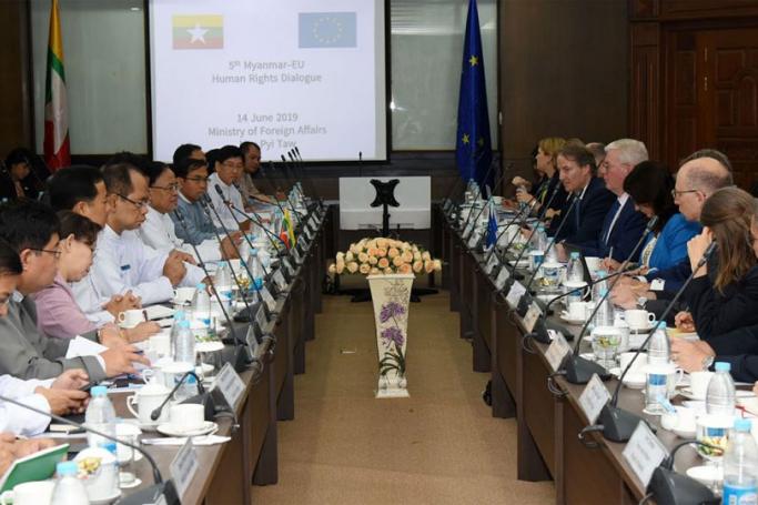 Union Minister U Kyaw Tin holds talks with a delegation led by European Union’s Special Representative for Human Rights Mr. Eamon Gilmore at the Fifth Myanmar-EU Human Rights Dialogue at the Ministry of Foreign Affairs, Nay Pyi Taw, on 14 June 2019. Photo: MNA