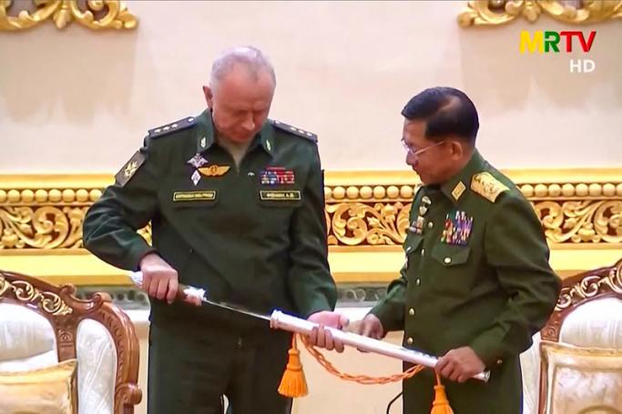 This screengrab provided via AFPTV and taken from a broadcast by Myanmar Radio and Television (MRTV) in Myanmar On March26, 2021 shows Russsiaʻs Deputy Defence Minister Alexander. Photo: AFP