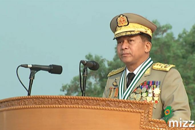 Myanmar Military Commander in Chief Senior General Min Aung Hlaing speaks during 73rd Tadmadaw Day (Armed Forces Day) at the parade ground in Nay Pyi Taw on the morning of 27 March. Photo: Mizzima
