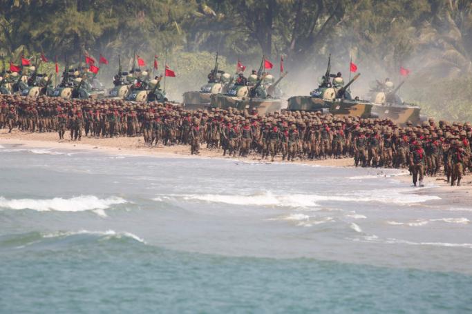 (File) Military troops and tanks march to listen the speech of Myanmar's military Commander-in-Chief Senior General Min Aung Hlaing (not in picture) on the second day of the 'Sin Phyu Shin' joint military exercises in the Ayeyarwaddy delta region, Myanmar, 03 February 2018. Photo: Lynn Bo Bo/EPA