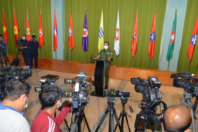 Tatmadaw True News Information Team holds a press conference on 4 August. Photo: MNA