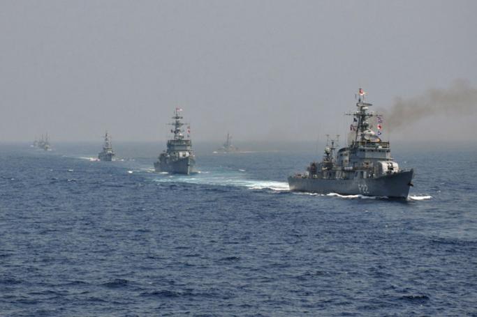 (File) The Myanmar Armed Forces shows Myanmar Navy ships sailing in formation during the Sea Shield 2016 combined fleet exercise off Coco island in the Andaman Sea. Photo: Myanmar Armed Forces/AFP